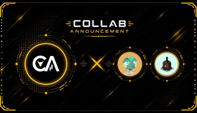 A digital banner reads 'COLLAB ANNOUNCEMENT' featuring logos of three entities, including one with 'CA', connected by glowing yellow lines on a black background.