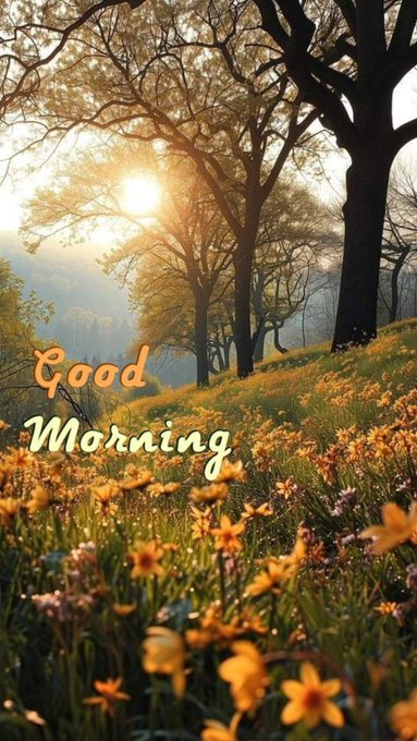 A vertical photograph of a sunlit forest clearing filled with yellow and purple wildflowers, overlaid with the text 'Good Morning' in a stylized cursive font.