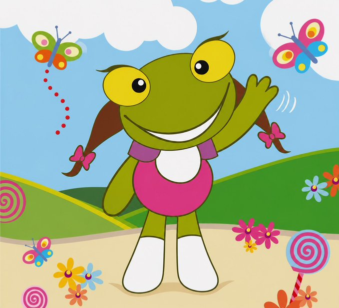 A cheerful cartoon frog girl with pigtails waves hello in a colorful garden filled with butterflies, flowers, and lollipops. The friendly, cute illustration matches the post's introduction of $SAPA as the "lovely girlfriend" of $TOAD, using the adorable frog imagery to personify the character.