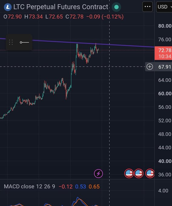 A cryptocurrency trading chart showing the LTC Perpetual Futures Contract price around $72.78, displaying candlestick data and MACD indicator with values -0.12, 0.53, 0.65.