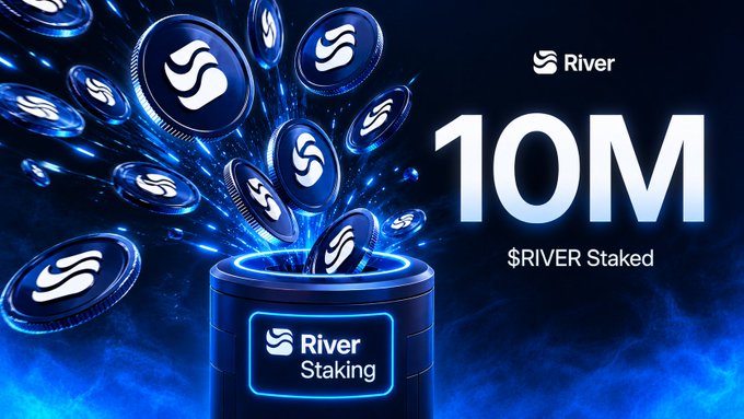 The image features a poster for an online gambling platform called "River Staking" with a blue background and white text. The poster includes a large number of coins scattered across the top part of the image, symbolizing the concept of cryptocurrency mining or staking. Below the coins, there is a caption that reads "10M 𝐴𝑡𝑖𝑒𝑟𝑠" which translates to "10 million dollars". The poster also includes an image of a blue cup with a white label that says "RIVER STAKING", indicating the platform's name and purpose.
