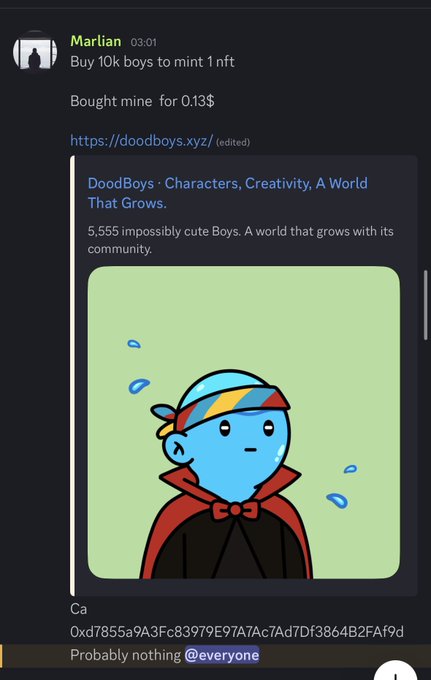 A screenshot of a Discord message from user 'Marlian' promoting a DoodBoys NFT mint, featuring an illustration of a blue character wearing a red cape and bandana.