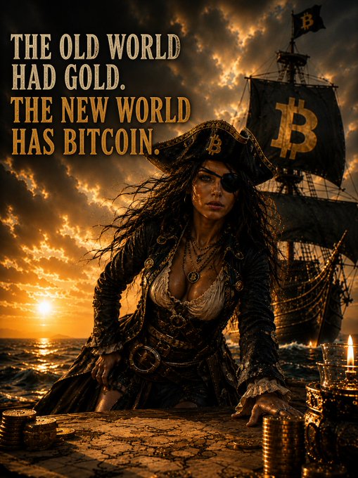 A stylized digital artwork depicting a female pirate with an eyepatch and Bitcoin 'B' logo on her hat and ship sail, with the text 'THE OLD WORLD HAD GOLD. THE NEW WORLD HAS BITCOIN.'