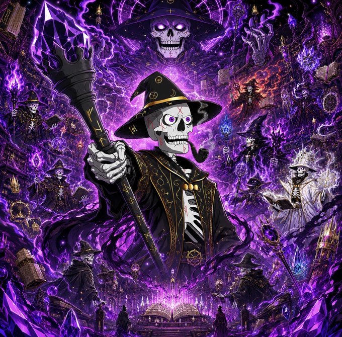 A dark fantasy digital artwork depicting a central skeleton wizard wearing a black pointed hat and robes, holding a dark staff, surrounded by purple magical energy, additional skeleton figures, spell books, and occult symbols.