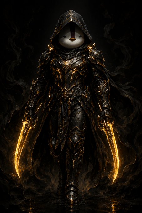 A dark, gothic fantasy illustration of a hooded figure in black and gold armor with a featureless white face, wielding two glowing golden blades.