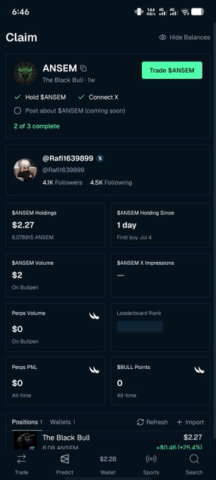 Mobile app screenshot of a token claim page for $ANSEM (The Black Bull), showing holdings of $2.27 and account details for @Rafli639899 with 41K followers.