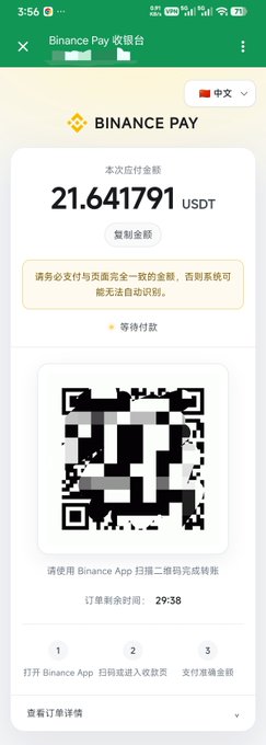 Binance Pay checkout screen displaying a payment amount of 21.641791 USDT with a QR code and order creation time of 29:38.