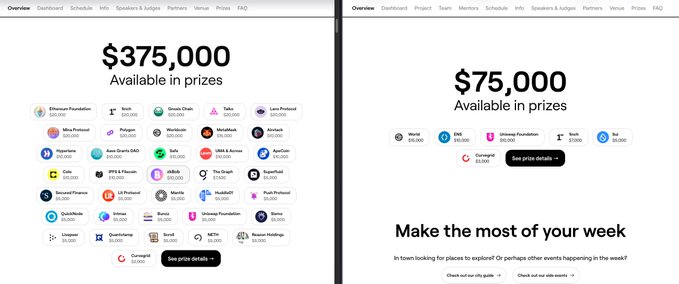 Two side-by-side overview pages from a hackathon platform showing '$375,000 Available in prizes' with various sponsor logos and a '$75,000 Available in prizes' page with the text 'Make the most of your week'.