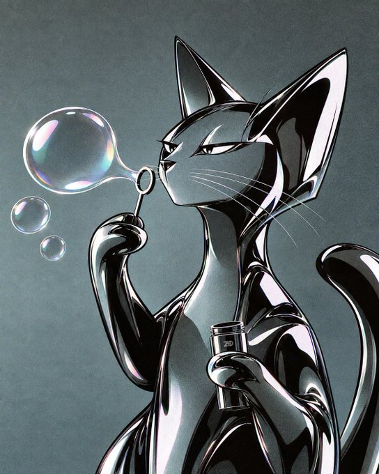 A sleek, chrome-like anthropomorphic cat with a glossy metallic finish blows an iridescent bubble while holding a small vial labeled "2G," embodying a futuristic, elegant aesthetic that fits the "ElegantCat" creative series by ZHGO.