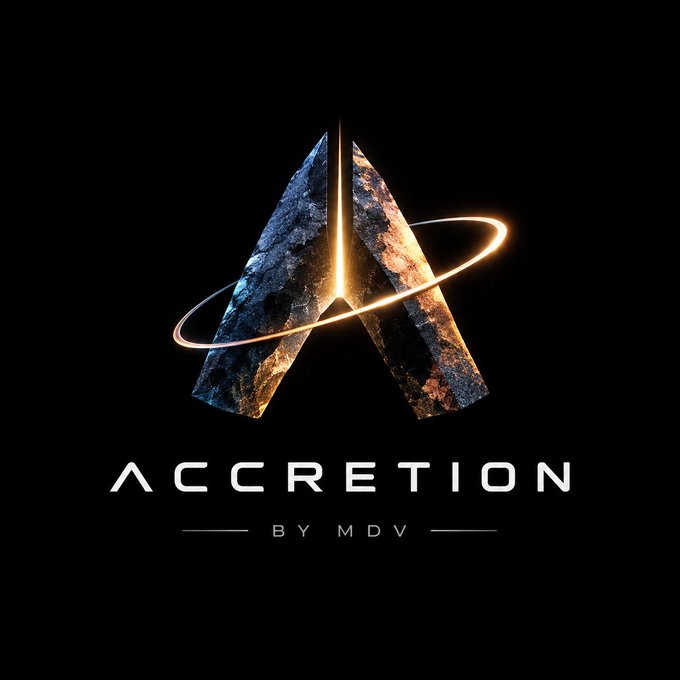Logo design featuring two textured stone-like triangular shapes with a glowing golden ring encircling them, above the text 'ACCRETION BY MDV' on a black background.