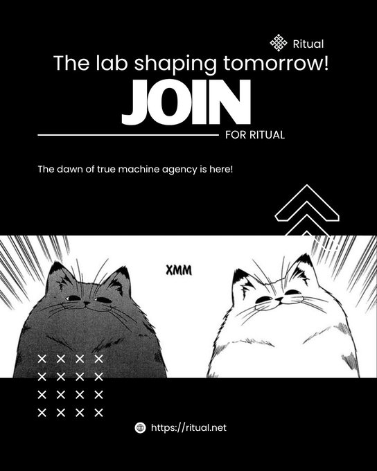 Black and white promotional graphic for Ritual with text 'The lab shaping tomorrow! JOIN FOR RITUAL - The dawn of true machine agency is here!' alongside an illustration of two cats and the URL https://ritual.net.