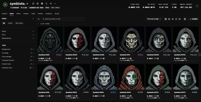 The image shows a computer screen displaying various graphic designs of people's faces wearing hooded masks with different colors and patterns. There are 15 distinct masks shown, each representing someone named after a character from the video game "Symbiote Lab". The masks include one that is primarily red, another in gray, and others showcasing other colors like black, blue, and green. These designs are displayed alongside descriptions of the masks' creators or their significance within the game. In the background, there's a price list for these masks, indicating they're for sale.