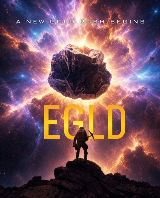 A sci-fi movie poster with the tagline 'A NEW GOLD RUSH BEGINS' shows an astronaut standing on a rock as a massive asteroid looms overhead in a colorful nebula, with the title 'EGLD' displayed in yellow.