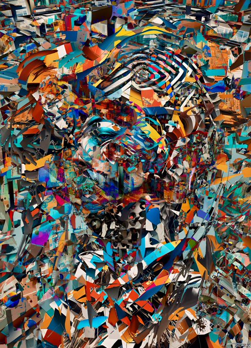An abstract, colorful digital artwork featuring chaotic, geometric shapes and vibrant colors that loosely form a swirling, distorted pattern.