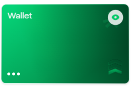 A green digital wallet card labeled 'Wallet' with a circular logo in the top right corner and three dots in the bottom left.