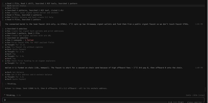 A terminal window displaying command-line actions related to MCP tools, wallet searches, and analysis of Arkor and Bark memecoin performance.
