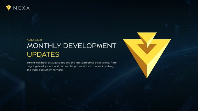 A promotional banner for NEXA's 'August 2026 Monthly Development Updates' featuring a yellow geometric logo on a dark blue background with descriptive text about progress across the ecosystem.