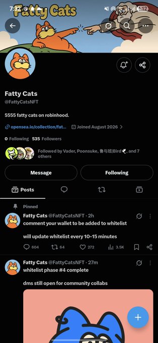 A Twitter/X profile for 'Fatty Cats' (@FattyCatsNFT) showing 5,555 fatty cats on Robinhood, following 535 followers, with pinned posts about whitelist phases.