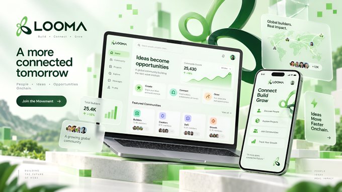 A promotional graphic for 'LOOMA' with the tagline 'A more connected tomorrow' and 'People · Ideas · Opportunities,' showing a laptop and smartphone displaying the platform's interface alongside stats like 'Total Outreach 25.4K' and 'A growing global community.'
