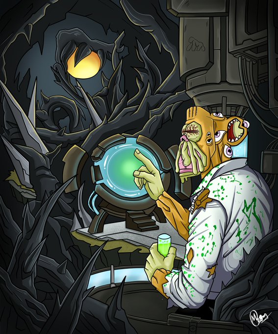 A cartoon illustration of a tentacled, multi-eyed alien creature in a blood-spattered lab coat holding a glowing green flask in a dark, spiky lair with a large glowing eye in the background.