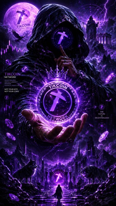 The image is a dark, mystical poster featuring a hooded figure holding a glowing "Tikcoin Network" emblem with a pickaxe symbol, surrounded by purple lighting, wolves, and a small figure facing a glowing doorway, with text such as "TIKCOIN NETWORK," "Decentralized, Secure, Privacy, Financial Freedom," and "The Future is Decentralized" visible. The bold visuals and references to a powerful, decentralized future align with the post's confident prediction that "1 Tik = $1" and that Tikcoin is looking powerful.