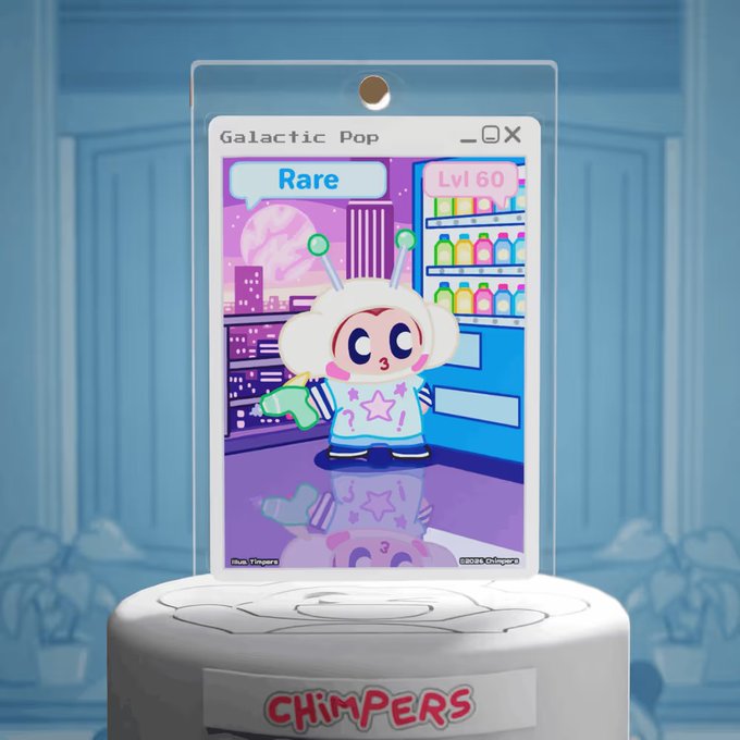 A digital trading card titled 'Galactic Pop' labeled 'Rare' and 'Lvl 60', featuring a cartoon character in a space helmet, displayed in a 'CHIMPERS' acrylic case.