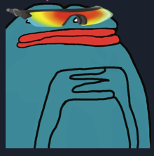 A cartoon drawing of a blue Among Us character with a fish on its head, red scarf, and an open mouth.