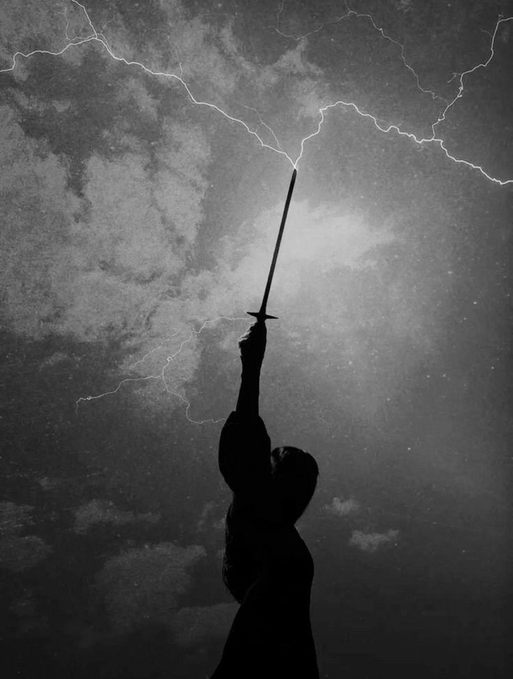 A dramatic black-and-white silhouette image of a hooded figure holding a sword pointed skyward against a stormy sky with multiple lightning bolts branching across the clouds.
