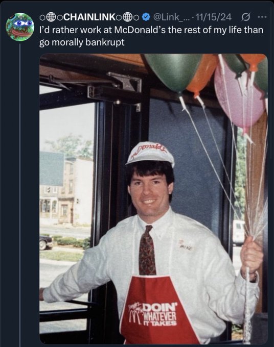 A social media post screenshot from an account named 'CHAINLINK' containing a vintage photo of a young man in a McDonald's uniform and paper hat holding balloons.