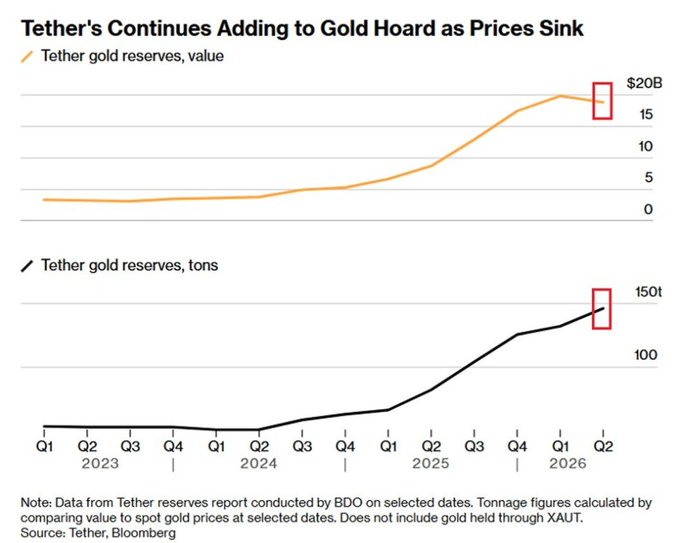 The chart shows Tether's gold reserves growing from near zero in early 2023 to approximately 146 tons (worth $18.8B) by Q2 2026, with both the tonnage and dollar value of holdings showing steep acceleration through 2024-2026. This visualizes the post's claim that Tether has accumulated 14 tonnes in Q2 alone, becoming the largest private gold holder outside central banks as part of their strategy converting T-bill yields into hard assets.