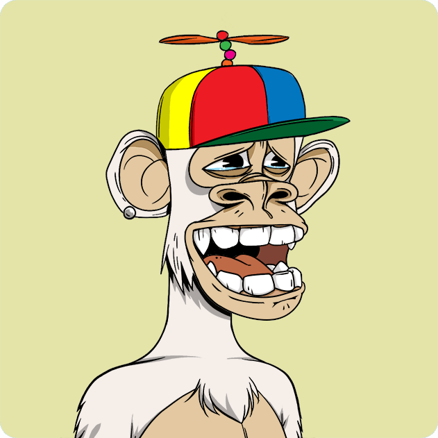 Cartoon illustration of a Bored Ape-style monkey NFT character wearing a colorful propeller cap with a grinning expression.