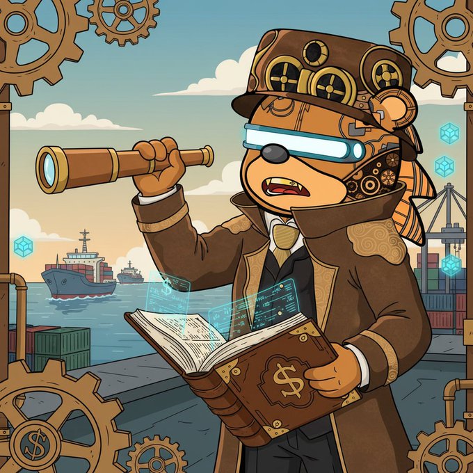 Steampunk-style cartoon illustration of a bear dressed as a Victorian explorer with a brass telescope and goggles, holding an open book with holographic data overlays, with shipping port and gears in the background.