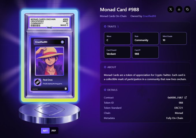A digital display showcasing Monad Card #988, an NFT collectible from the Monad Cards On-Chain series, featuring traits like "Wave C," "Community" role, and "Verdant" card guard, with a mint grade of 10 and owned by Crucified93. The image highlights the card's on-chain details and the owner's anticipation for an upcoming Monad airdrop.
