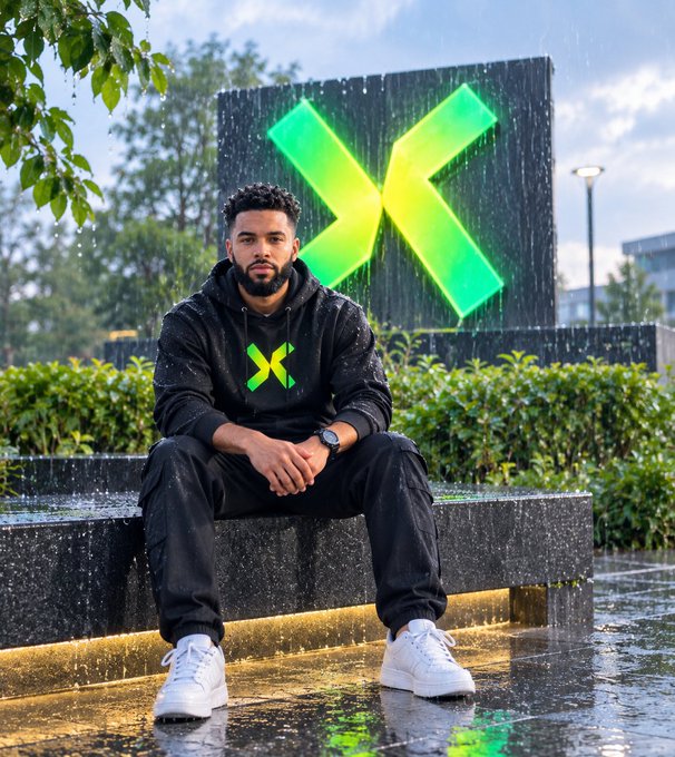 A man in a black hoodie with a bright green 'X' logo sits on a stone bench in the rain, with a matching glowing green 'X' sign displayed on a structure behind him.