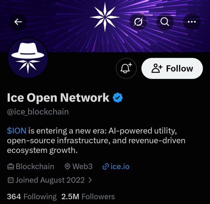 A social media profile for 'Ice Open Network' (@ice_blockchain) showing 2.5M Followers, describing $ION as AI-powered utility, open-source infrastructure, and revenue-driven ecosystem growth.
