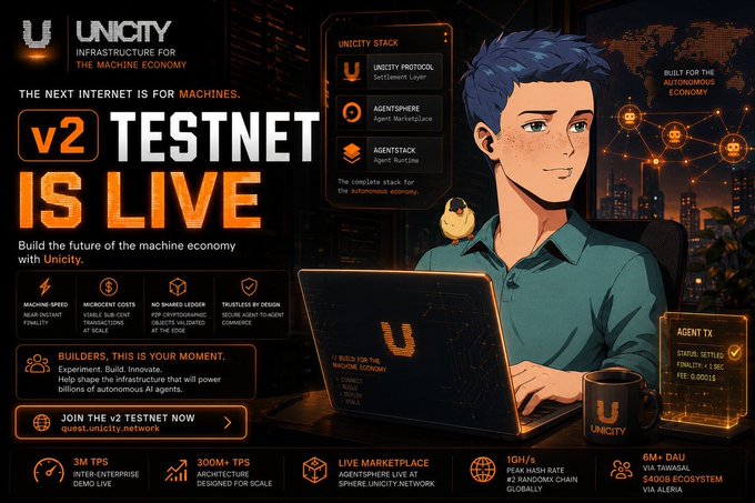 A promotional graphic for Unicity's 'v2 Testnet Is Live,' advertising infrastructure for the machine economy with features like the Unicity Stack (Protocol, Agentsphere, Agentstack) and an anime-style character using a laptop.