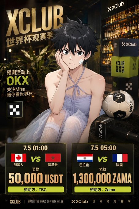 An anime-style promotional poster for 'XCLUB 世界杯观赛季' (World Cup Viewing Season) featuring World Cup match predictions including Canada vs Morocco (50,000 USDT prize) and Paraguay vs France (1,300,000 ZAMA prize).