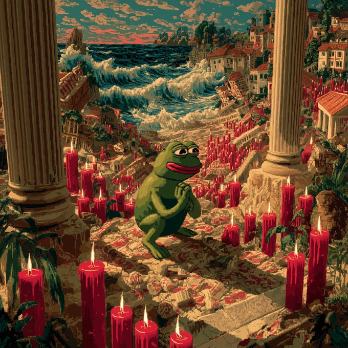 A surreal digital artwork showing a green frog character with a melancholic expression sitting amid many lit red candles, with ancient columns and a coastal town in the background.