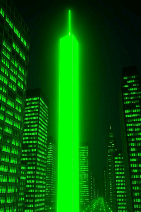 A glowing neon green skyscraper dominates a cyberpunk cityscape, evoking the visual style of meme coins like $PEPE. The vibrant, surreal aesthetic fits the "low market cap memecoin" theme the poster is seeking, suggesting tokens with eye-catching, attention-grabbing branding.