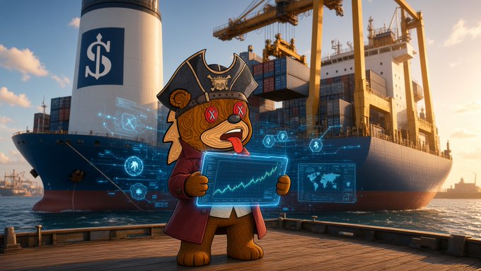 A digital illustration of a cartoon bear dressed as a pirate holding a holographic tablet, standing on a dock in front of a large shipping container ship with cranes.