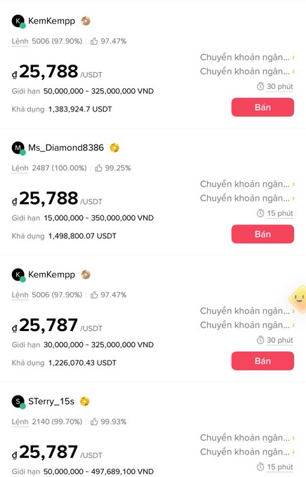A mobile app interface showing USDT/VND exchange listings with multiple sellers offering around 25,787-25,788 USDT.