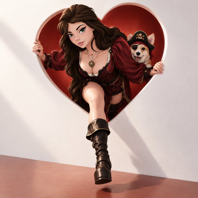 A stylized 3D-rendered illustration shows a pirate-themed woman with long brown hair wearing a red dress and a tall brown boot, stepping out of a heart-shaped opening in a white wall, accompanied by a corgi wearing a pirate hat.