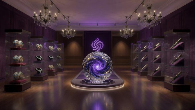 A luxurious purple-lit gallery showcases ornate glass display cases containing decorative eggs and swords, centered around a glowing cosmic sphere with a dollar sign emblem, visually representing the $SEXY token's promise of a premium, treasure-filled marketplace for fractional digital asset ownership via synthetic.ag.