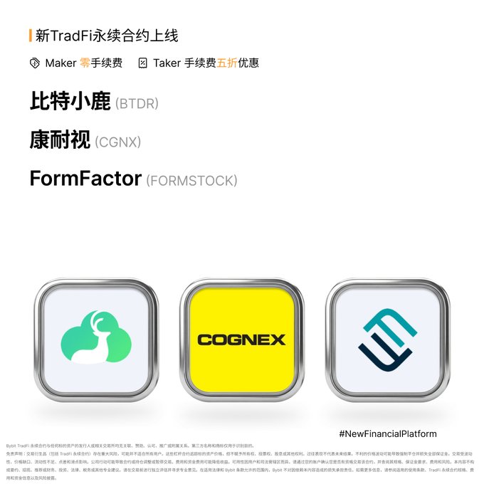 An advertisement for NewTradFi perpetual contracts in Chinese, listing '比特小鹿 (BTDR)', '康耐视 (CGNX)', and 'FormFactor (FORMSTOCK)' with logos and noting 'Maker 零手续费' and 'Taker 手续费五折优惠', tagged #NewFinancialPlatform.