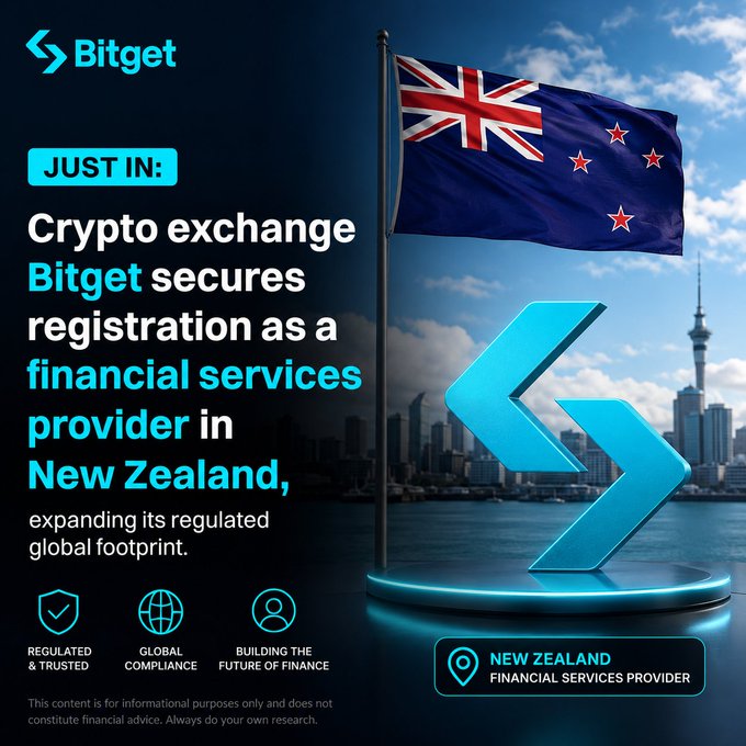 A promotional graphic from Bitget announcing their registration as a financial services provider in New Zealand, featuring the New Zealand flag, the Bitget logo, and an Auckland skyline backdrop.