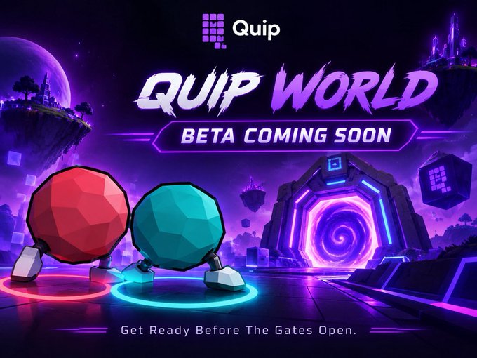 A promotional graphic for 'Quip World' announcing 'BETA COMING SOON' with the tagline 'Get Ready Before The Gates Open,' featuring spherical robotic characters in a purple sci-fi setting.
