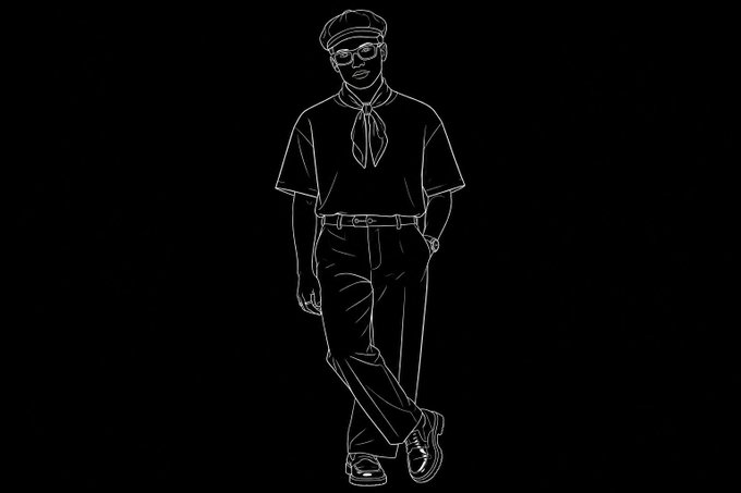 A white line drawing on a black background of a stylish figure wearing a beret, sunglasses, a neck scarf, and pants, with hands in pockets.