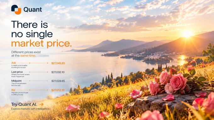 A promotional ad for 'Quant AI' stating 'There is no single market price,' showing different prices ($27,045.20 Ask, $27,032.10 Last price, $27,028.65 Midpoint, $27,012.10 Bid) against a scenic sunset landscape.