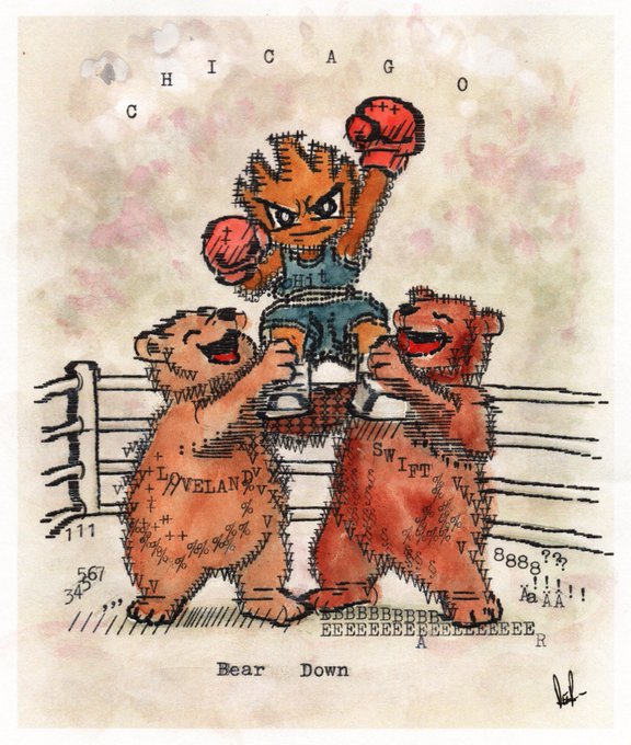 The image displays a hand-drawn cartoon artwork titled "Bear Down" with the text "CHICAGO" at the top, depicting a fox-like character in boxing gear standing victoriously between two bears, with various scribbled text and letters throughout the piece.
