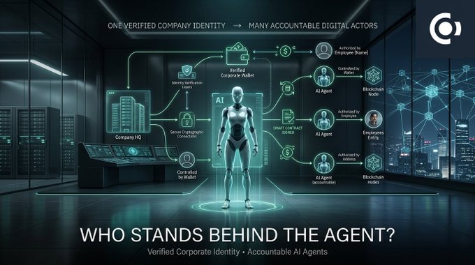 A digital graphic titled 'WHO STANDS BEHIND THE AGENT? Verified Corporate Identity • Accountable AI Agents' showing a humanoid AI figure connected to a 'Verified Corporate Wallet' and various AI Agents, Blockchain Nodes, and entities, illustrating 'ONE VERIFIED COMPANY IDENTITY → MANY ACCOUNTABLE DIGITAL ACTORS'.